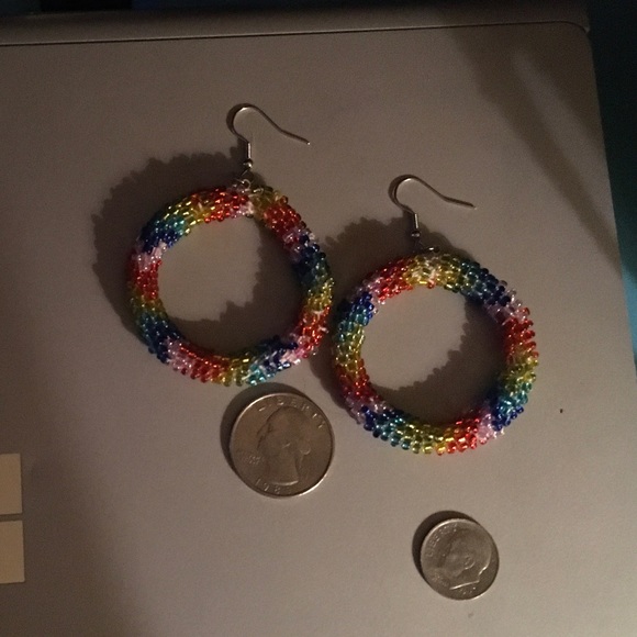Hand Crafted Rainbow Bead Crochet Hoop Earrings - Picture 2 of 6